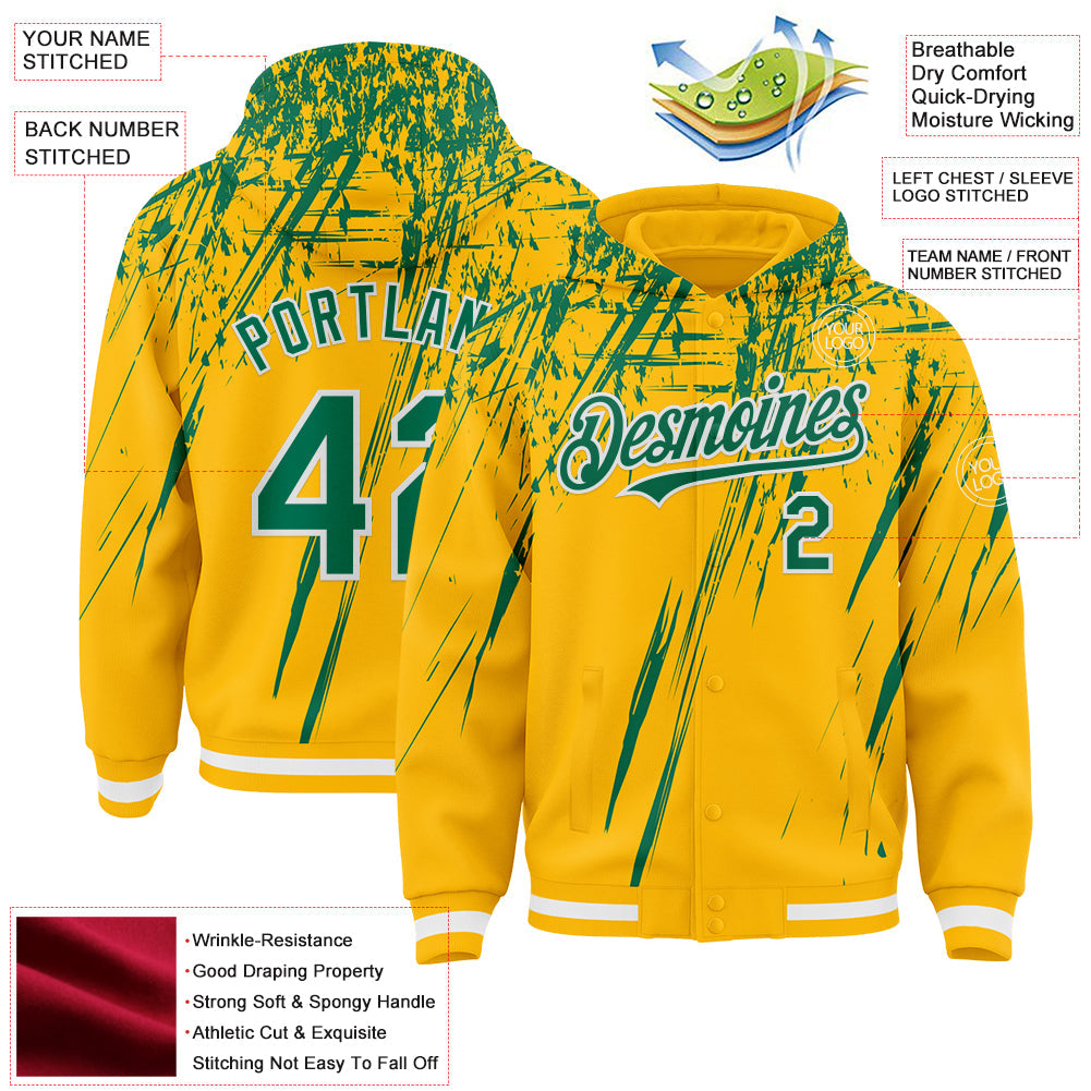 Custom Gold Kelly Green-White Splash Bomber Full-Snap Varsity Letterman Hoodie Jacket view 4