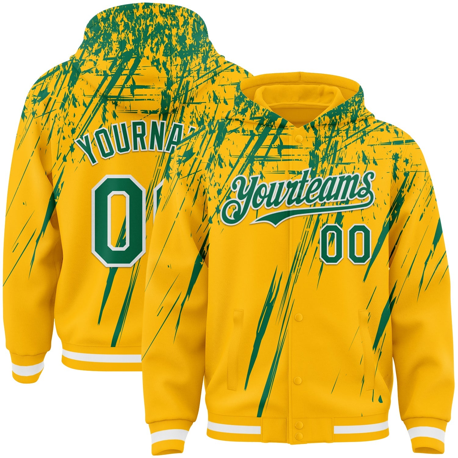 Custom Gold Kelly Green-White Splash Bomber Full-Snap Varsity Letterman Hoodie Jacket - Main View