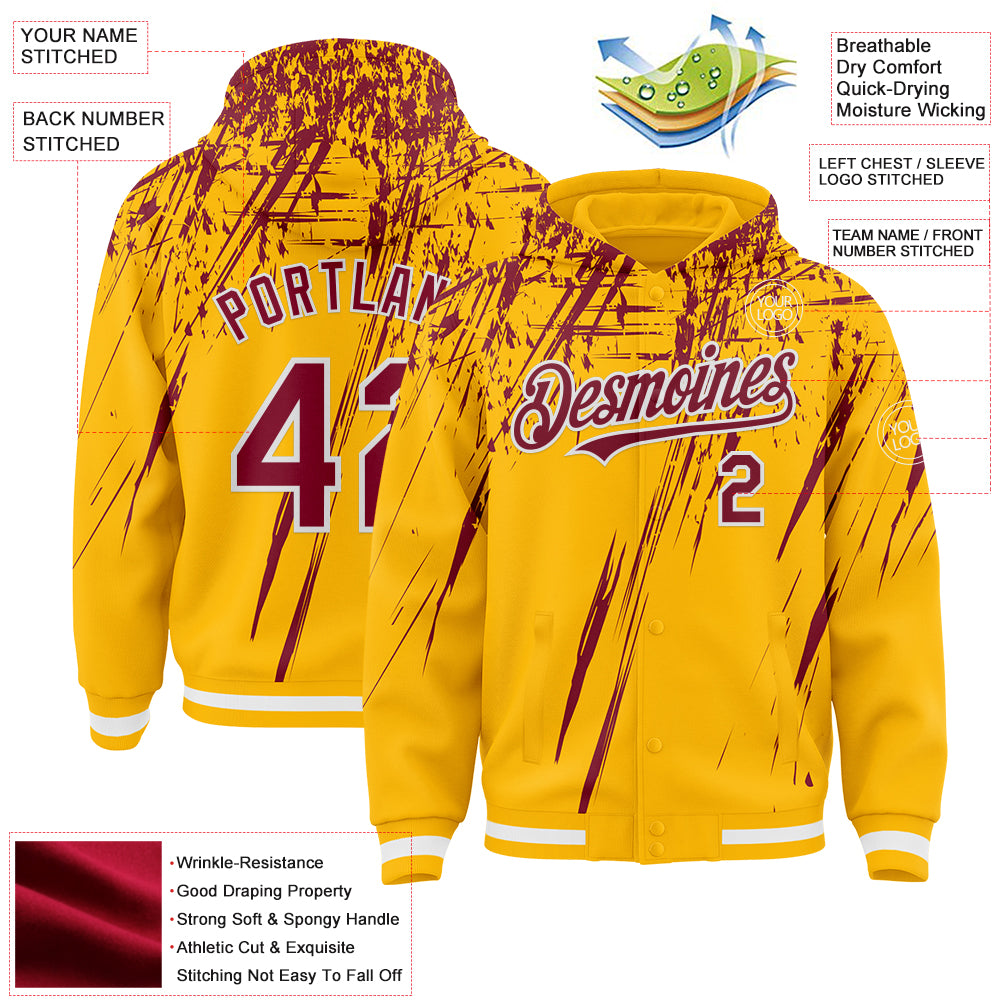 Custom Gold Crimson-White Splash Bomber Full-Snap Varsity Letterman Hoodie Jacket view 4