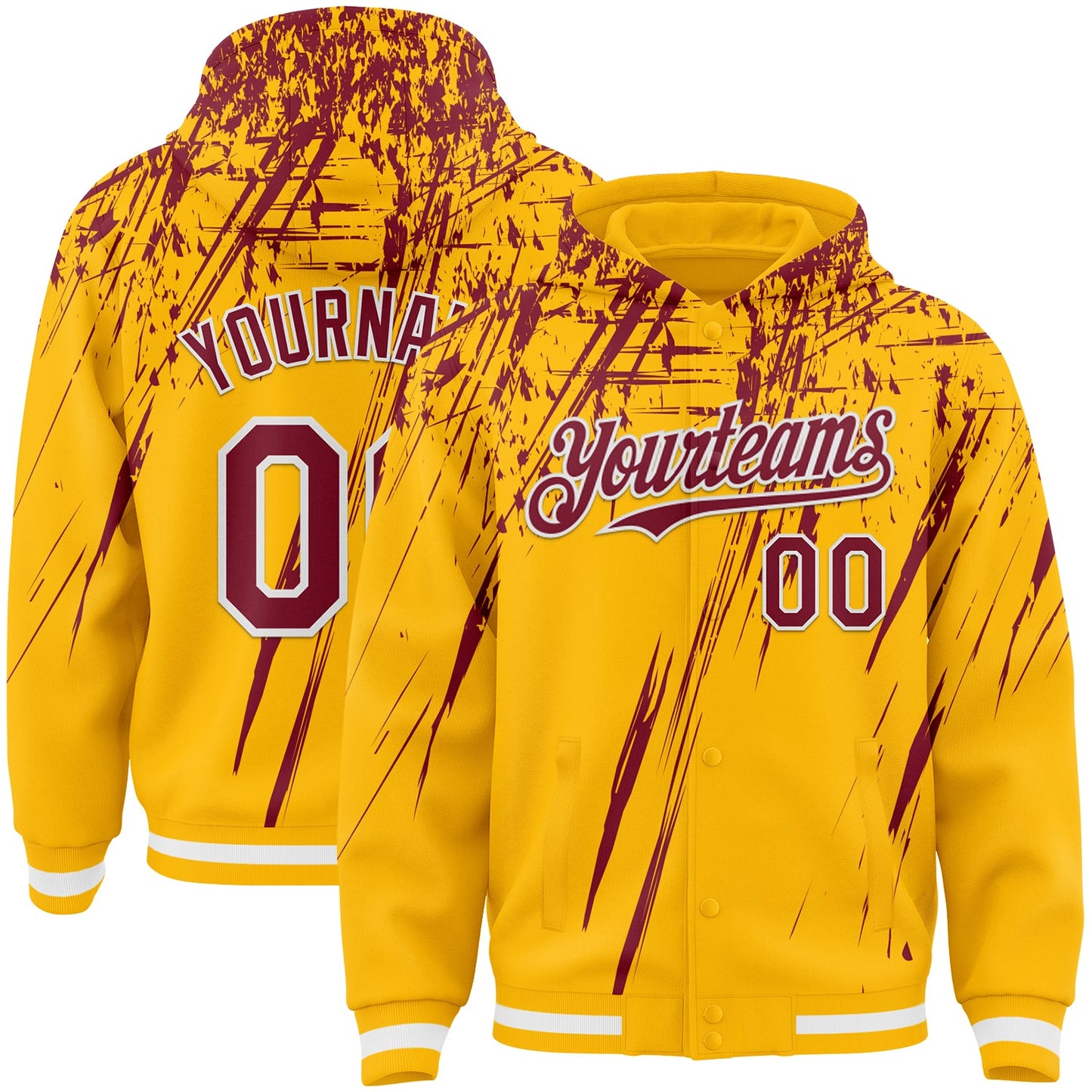 Custom Gold Crimson-White Splash Bomber Full-Snap Varsity Letterman Hoodie Jacket - Main View
