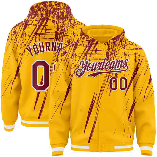 Custom Gold Crimson-White Splash Bomber Full-Snap Varsity Letterman Hoodie Jacket - Main View