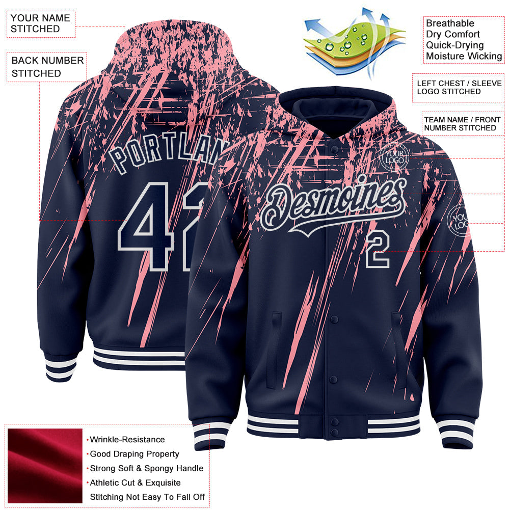 Custom Navy Medium Pink-White Splash Bomber Full-Snap Varsity Letterman Hoodie Jacket view 4