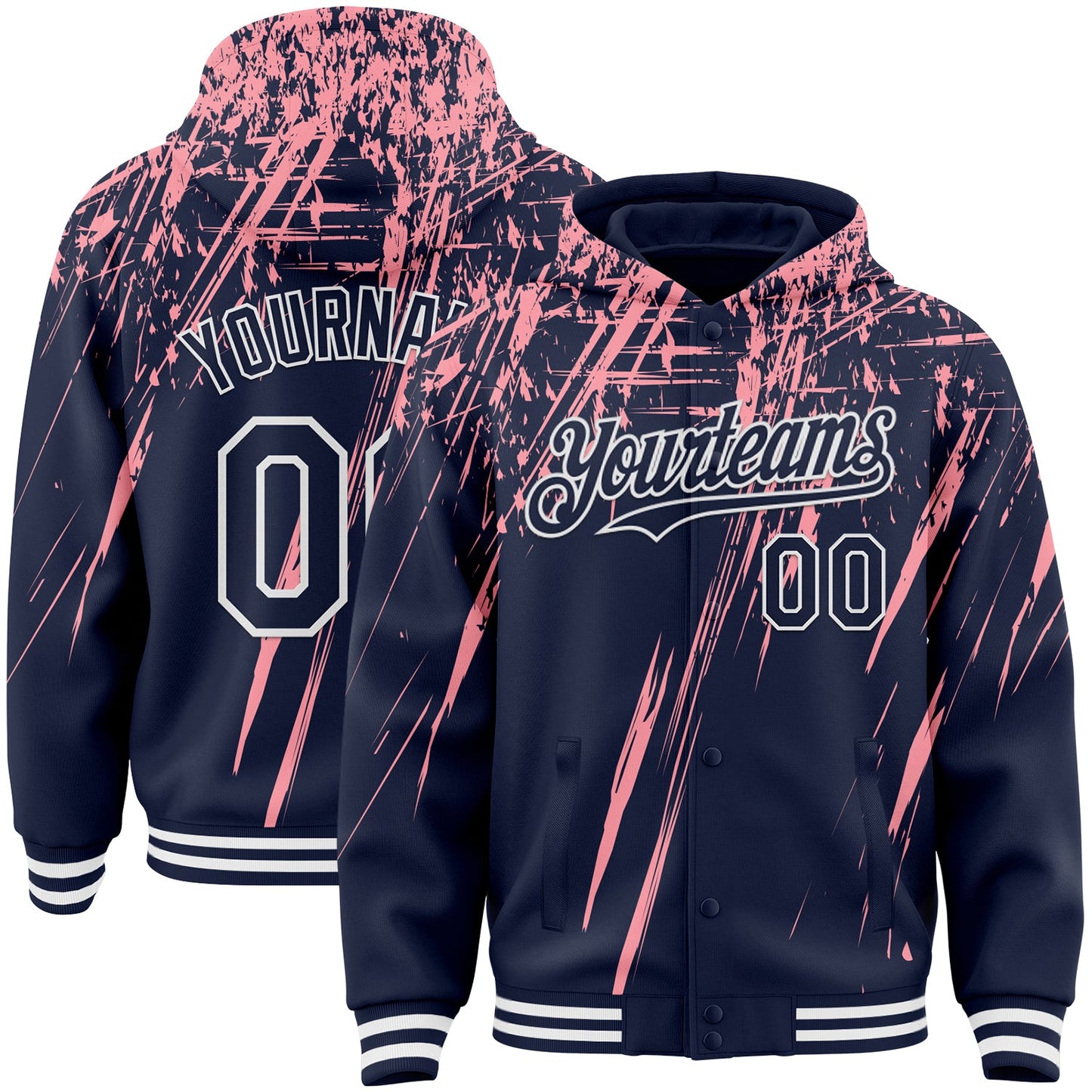 Custom Navy Medium Pink-White Splash Bomber Full-Snap Varsity Letterman Hoodie Jacket - Main View