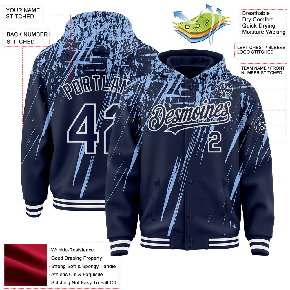 Custom Navy Light Blue-White Splash Bomber Full-Snap Varsity Letterman Hoodie Jacket view 4