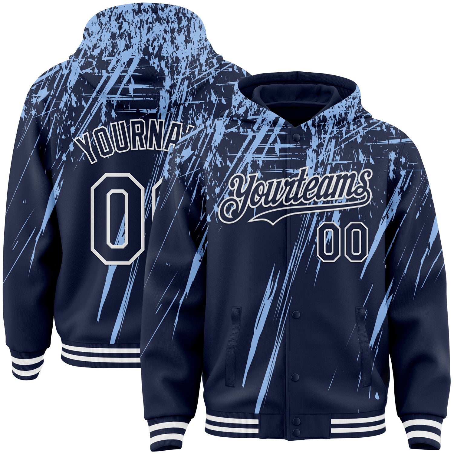 Custom Navy Light Blue-White Splash Bomber Full-Snap Varsity Letterman Hoodie Jacket - Main View