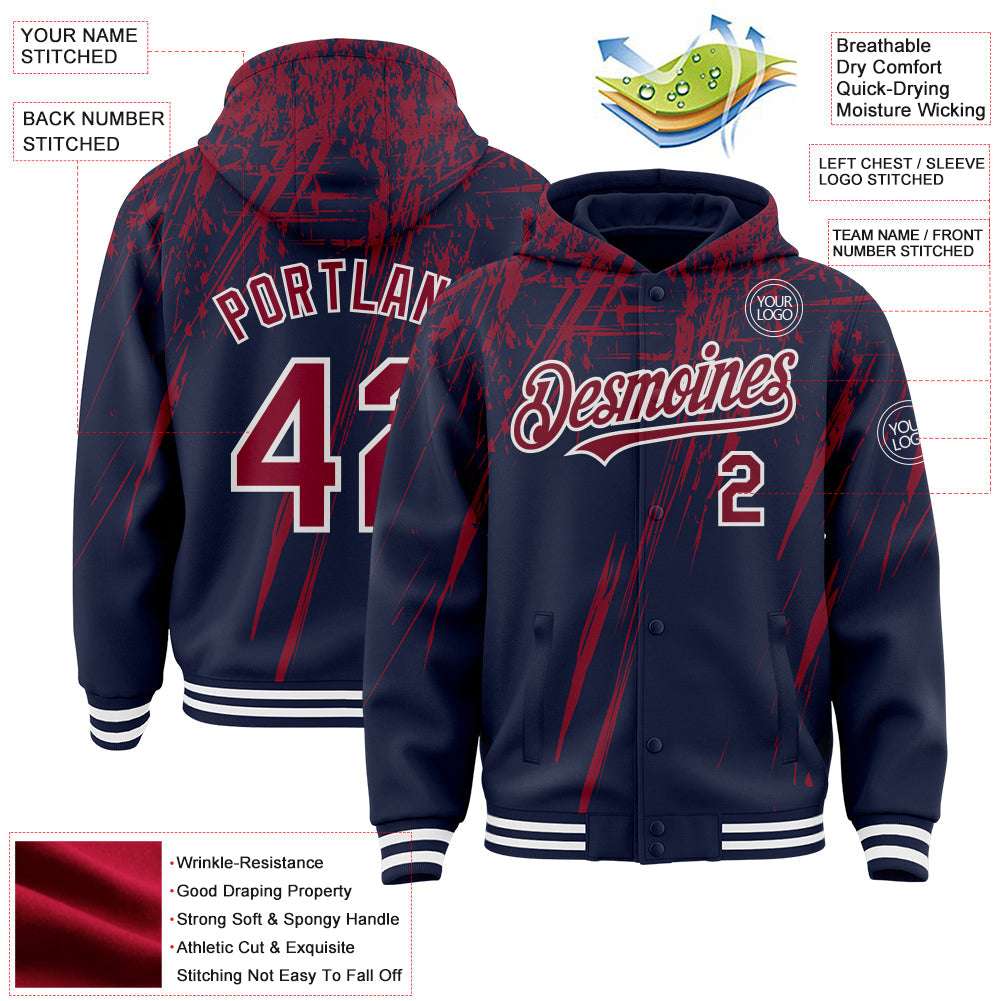 Custom Navy Crimson-White Splash Bomber Full-Snap Varsity Letterman Hoodie Jacket view 4