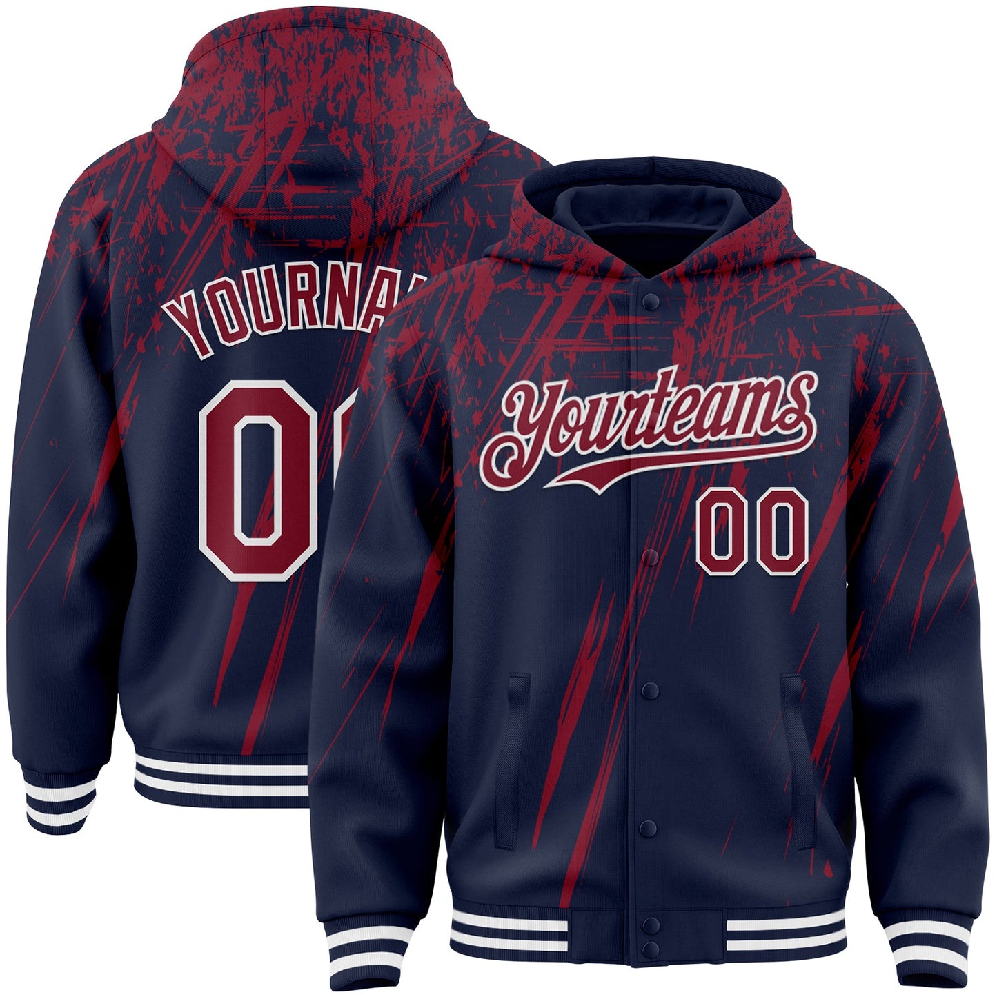Custom Navy Crimson-White Splash Bomber Full-Snap Varsity Letterman Hoodie Jacket - Main View