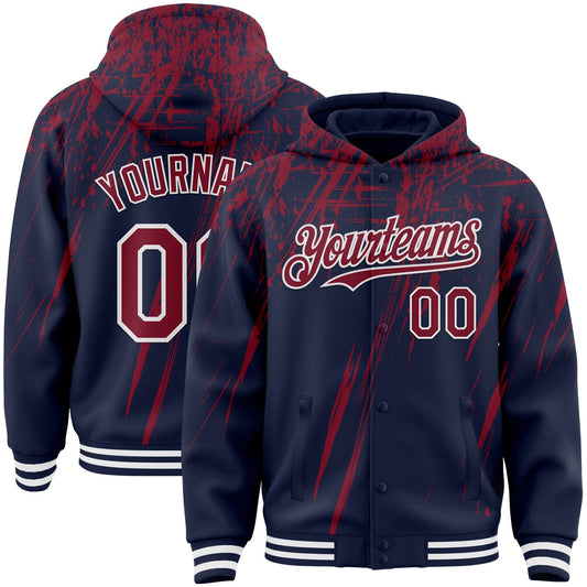 Custom Navy Crimson-White Splash Bomber Full-Snap Varsity Letterman Hoodie Jacket - Main View