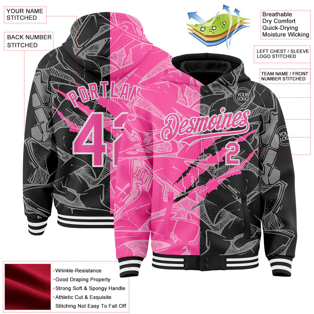 Custom Graffiti Pattern Pink Black-White Scratch Bomber Full-Snap Varsity Letterman Hoodie Jacket view 4