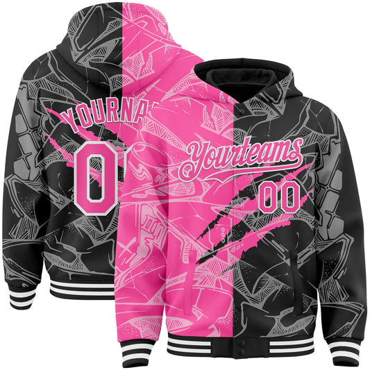Custom Graffiti Pattern Pink Black-White Scratch Bomber Full-Snap Varsity Letterman Hoodie Jacket - Main View