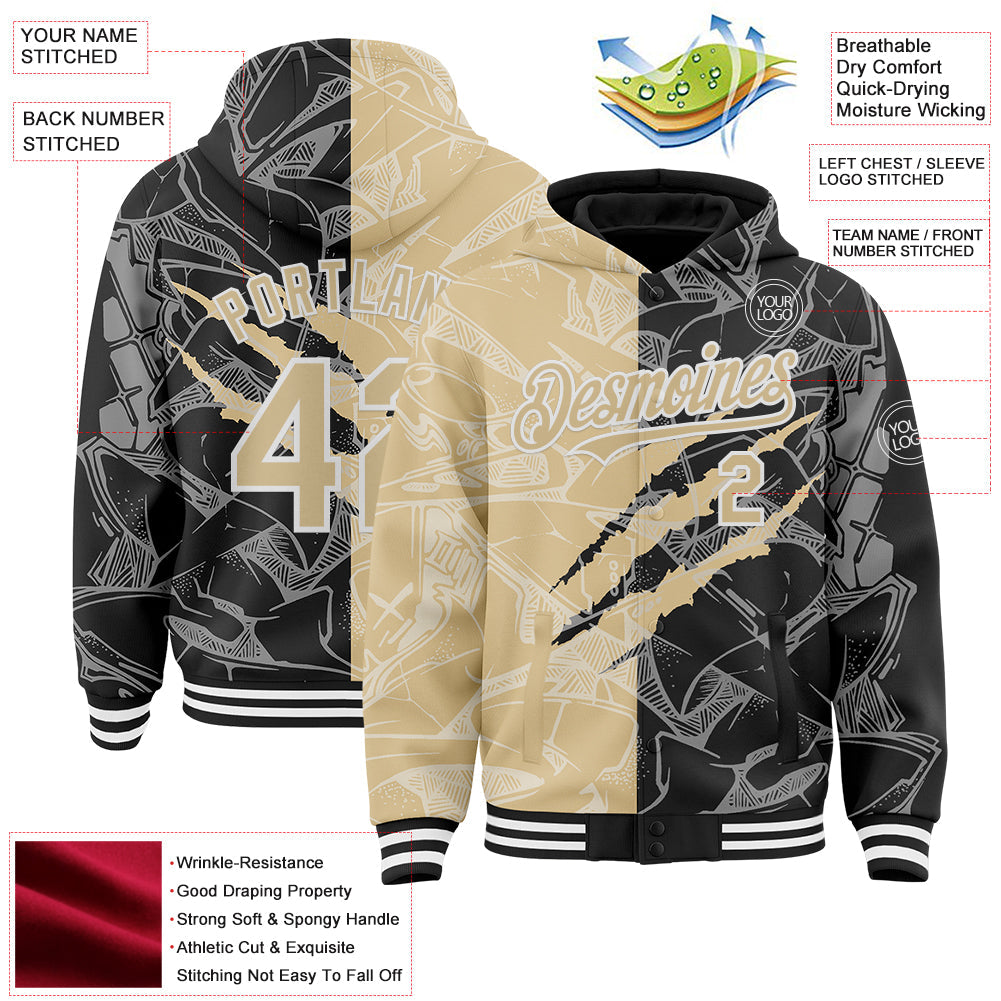 Custom Graffiti Pattern Vegas Gold Black-White Scratch Bomber Full-Snap Varsity Letterman Hoodie Jacket view 4