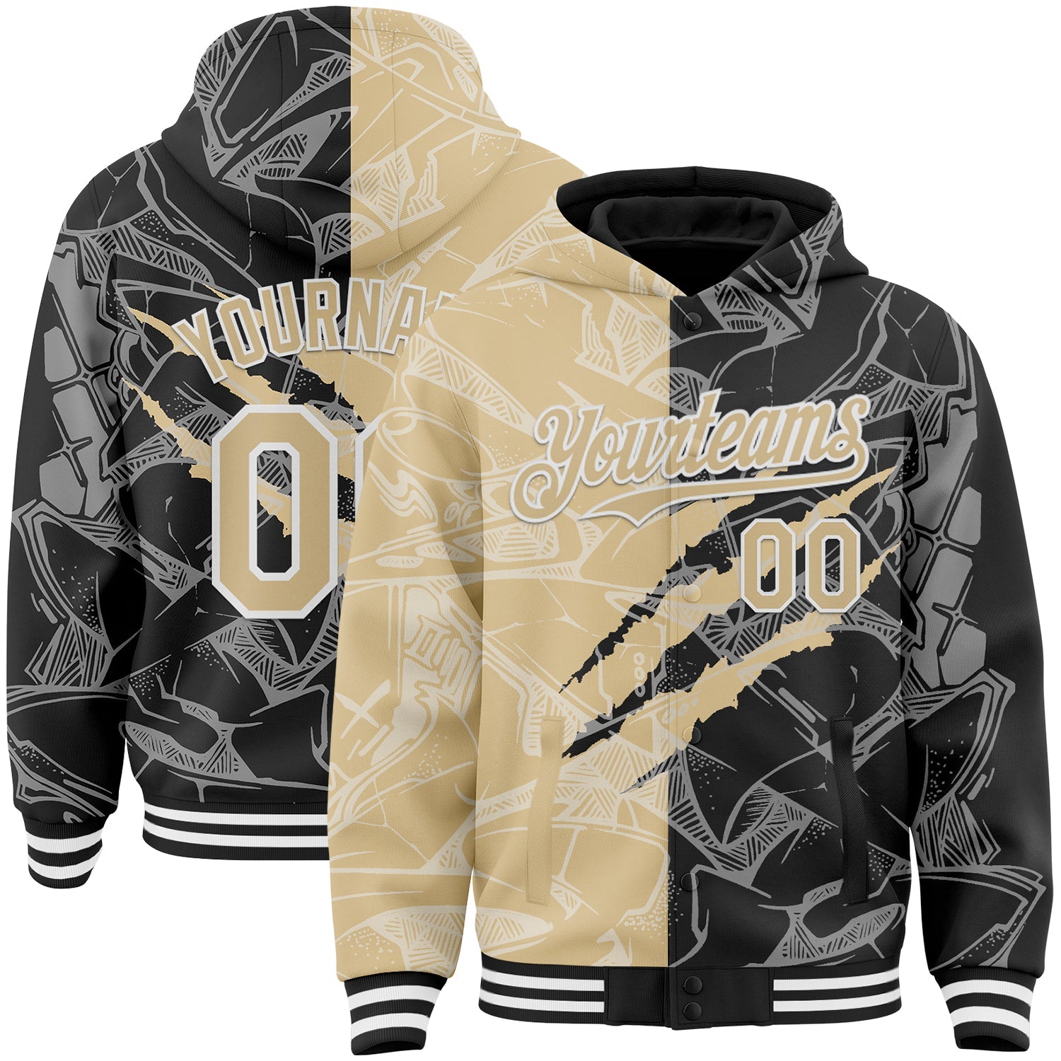 Custom Graffiti Pattern Vegas Gold Black-White Scratch Bomber Full-Snap Varsity Letterman Hoodie Jacket - Main View