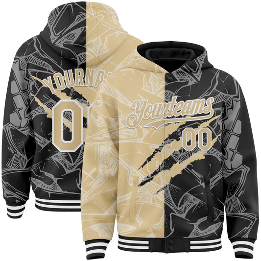 Custom Graffiti Pattern Vegas Gold Black-White Scratch Bomber Full-Snap Varsity Letterman Hoodie Jacket - Main View