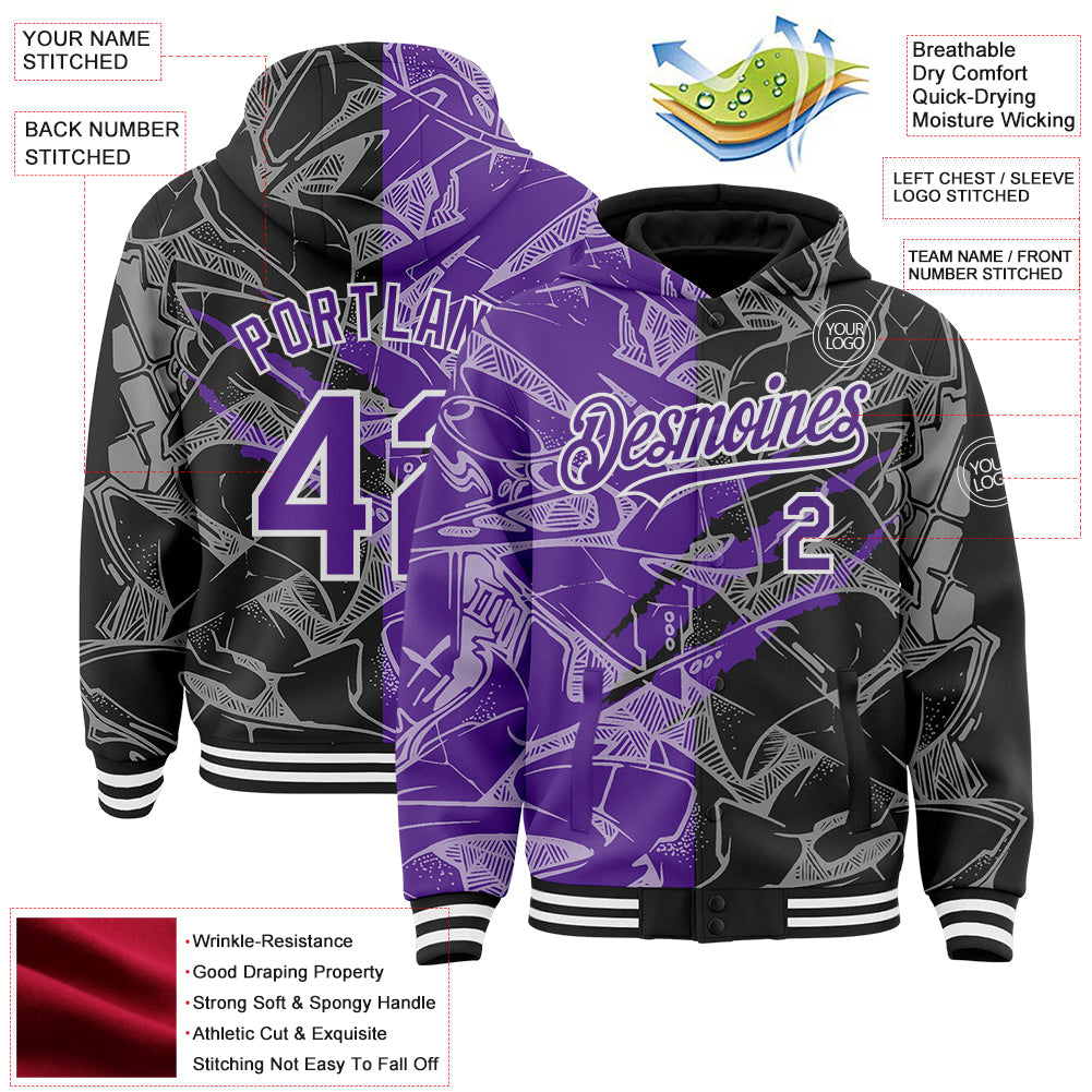 Custom Graffiti Pattern Purple Black-White Scratch Bomber Full-Snap Varsity Letterman Hoodie Jacket view 4