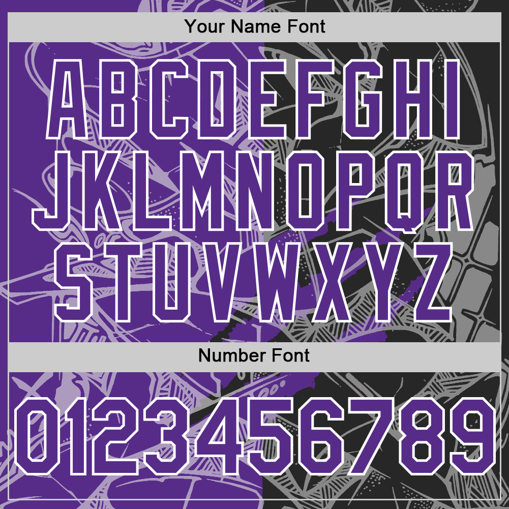 Custom Graffiti Pattern Purple Black-White Scratch Bomber Full-Snap Varsity Letterman Hoodie Jacket view 6