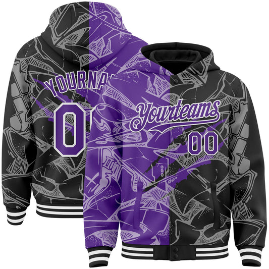 Custom Graffiti Pattern Purple Black-White Scratch Bomber Full-Snap Varsity Letterman Hoodie Jacket - Main View