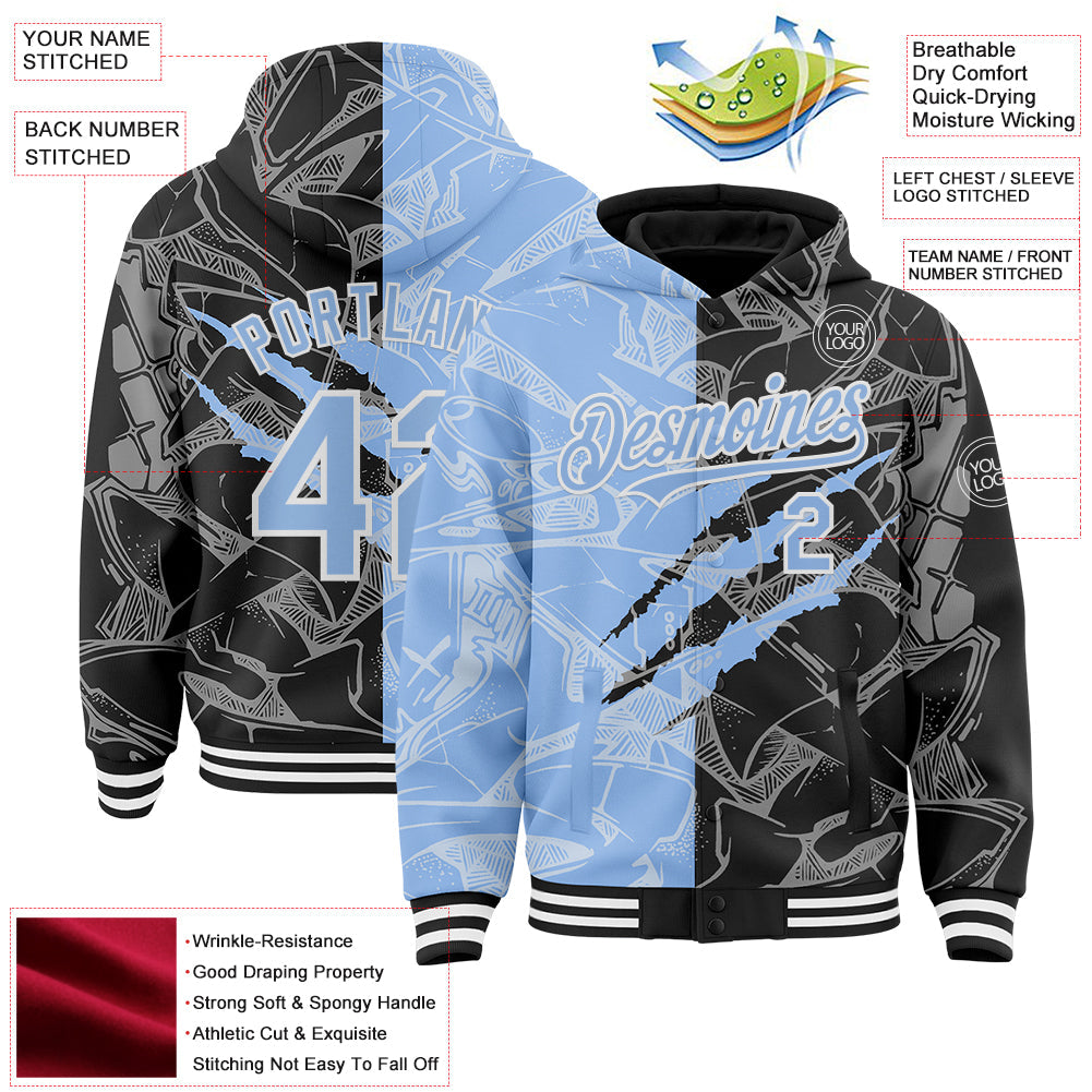 Custom Graffiti Pattern Light Blue Black-White Scratch Bomber Full-Snap Varsity Letterman Hoodie Jacket view 4