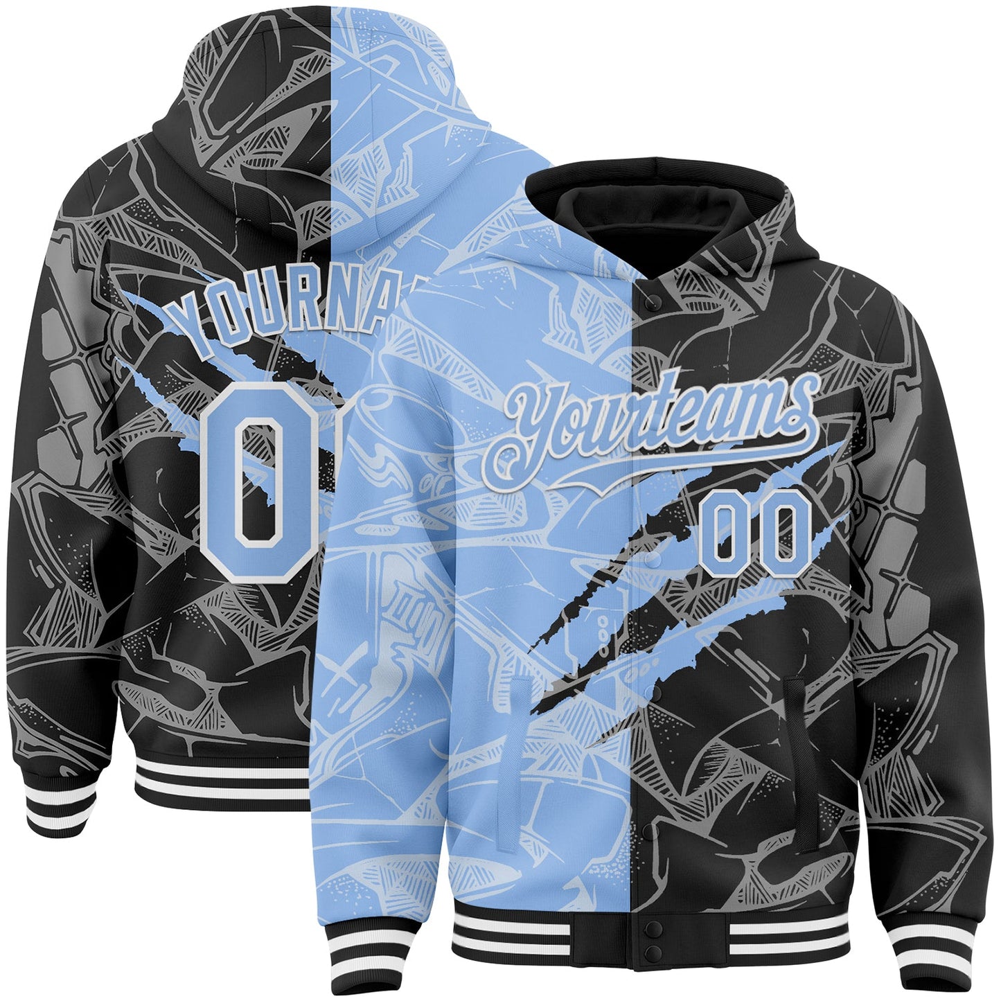 Custom Graffiti Pattern Light Blue Black-White Scratch Bomber Full-Snap Varsity Letterman Hoodie Jacket - Main View
