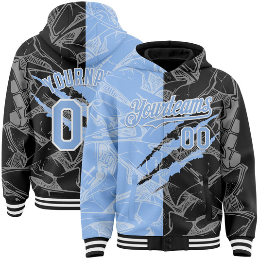 Custom Graffiti Pattern Light Blue Black-White Scratch Bomber Full-Snap Varsity Letterman Hoodie Jacket - Main View