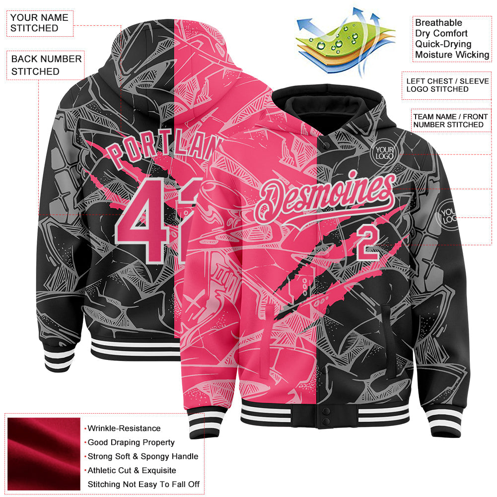 Custom Graffiti Pattern Neon Pink Black-White Scratch Bomber Full-Snap Varsity Letterman Hoodie Jacket view 4