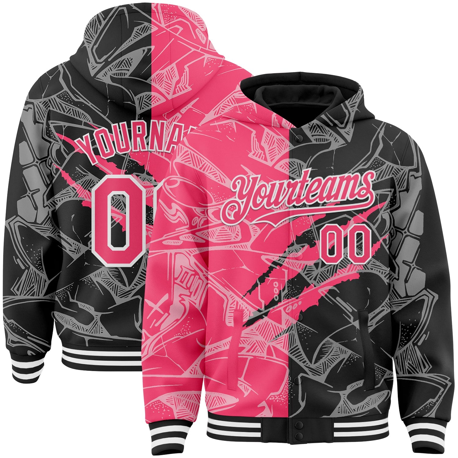 Custom Graffiti Pattern Neon Pink Black-White Scratch Bomber Full-Snap Varsity Letterman Hoodie Jacket - Main View