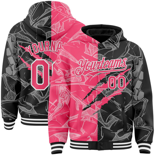 Custom Graffiti Pattern Neon Pink Black-White Scratch Bomber Full-Snap Varsity Letterman Hoodie Jacket - Main View