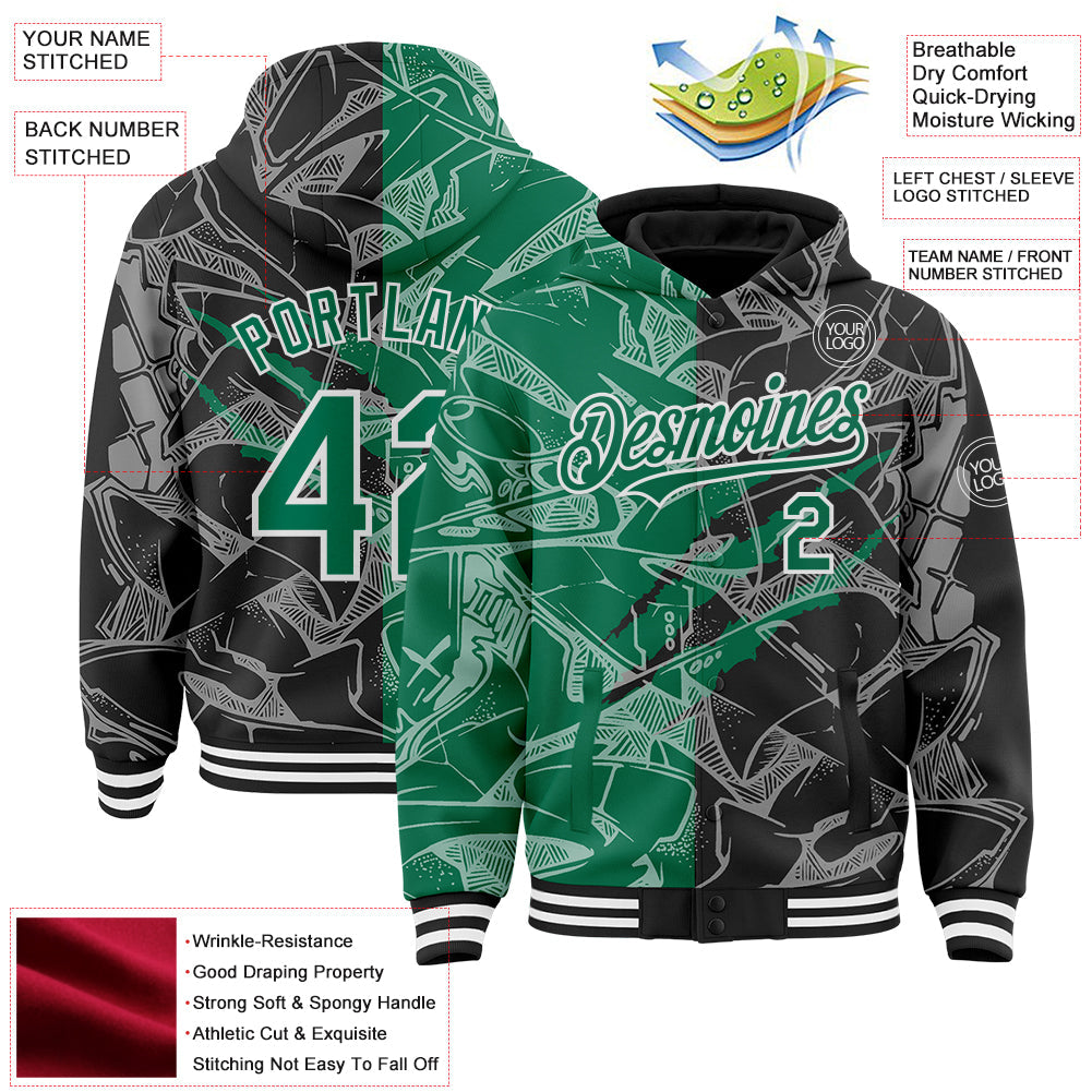 Custom Graffiti Pattern Kelly Green Black-White Scratch Bomber Full-Snap Varsity Letterman Hoodie Jacket view 4