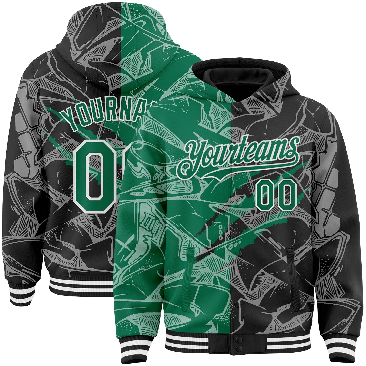 Custom Graffiti Pattern Kelly Green Black-White Scratch Bomber Full-Snap Varsity Letterman Hoodie Jacket - Main View