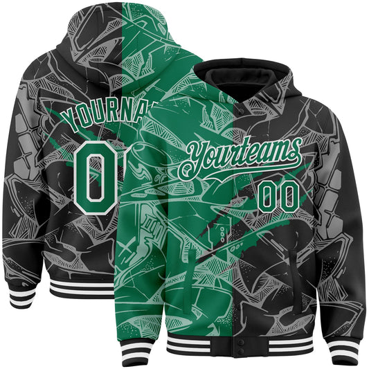 Custom Graffiti Pattern Kelly Green Black-White Scratch Bomber Full-Snap Varsity Letterman Hoodie Jacket - Main View