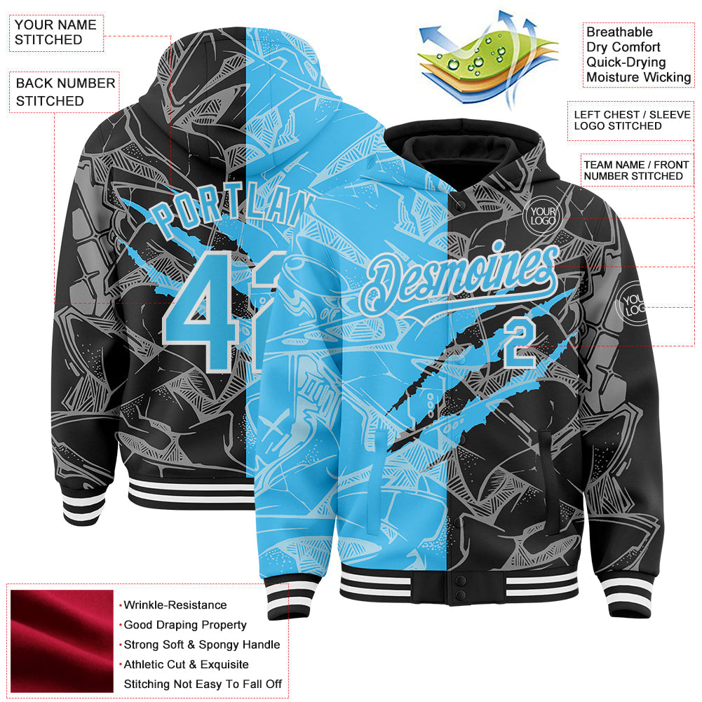 Custom Graffiti Pattern Sky Blue Black-White Scratch Bomber Full-Snap Varsity Letterman Hoodie Jacket view 4