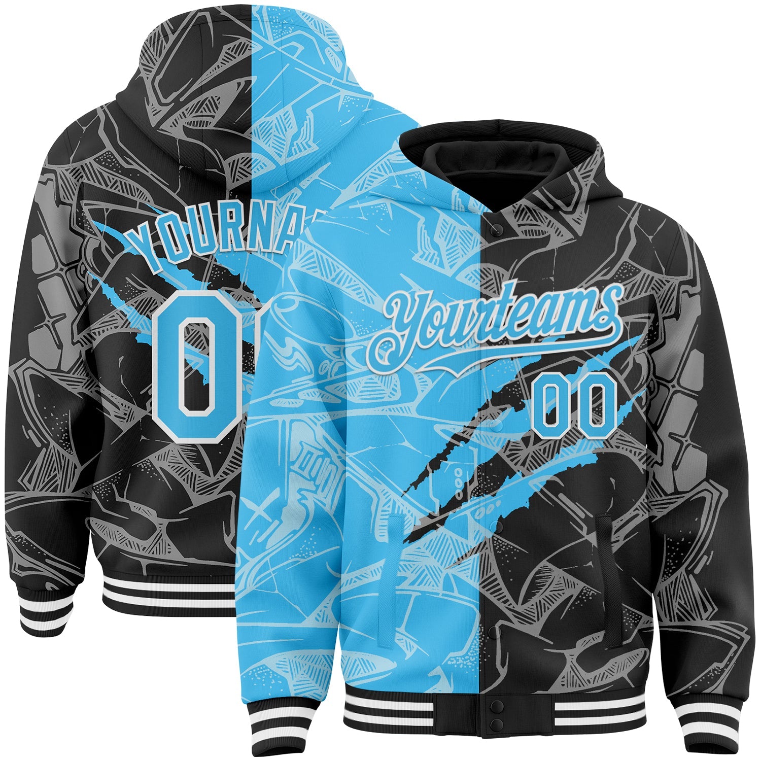 Custom Graffiti Pattern Sky Blue Black-White Scratch Bomber Full-Snap Varsity Letterman Hoodie Jacket - Main View