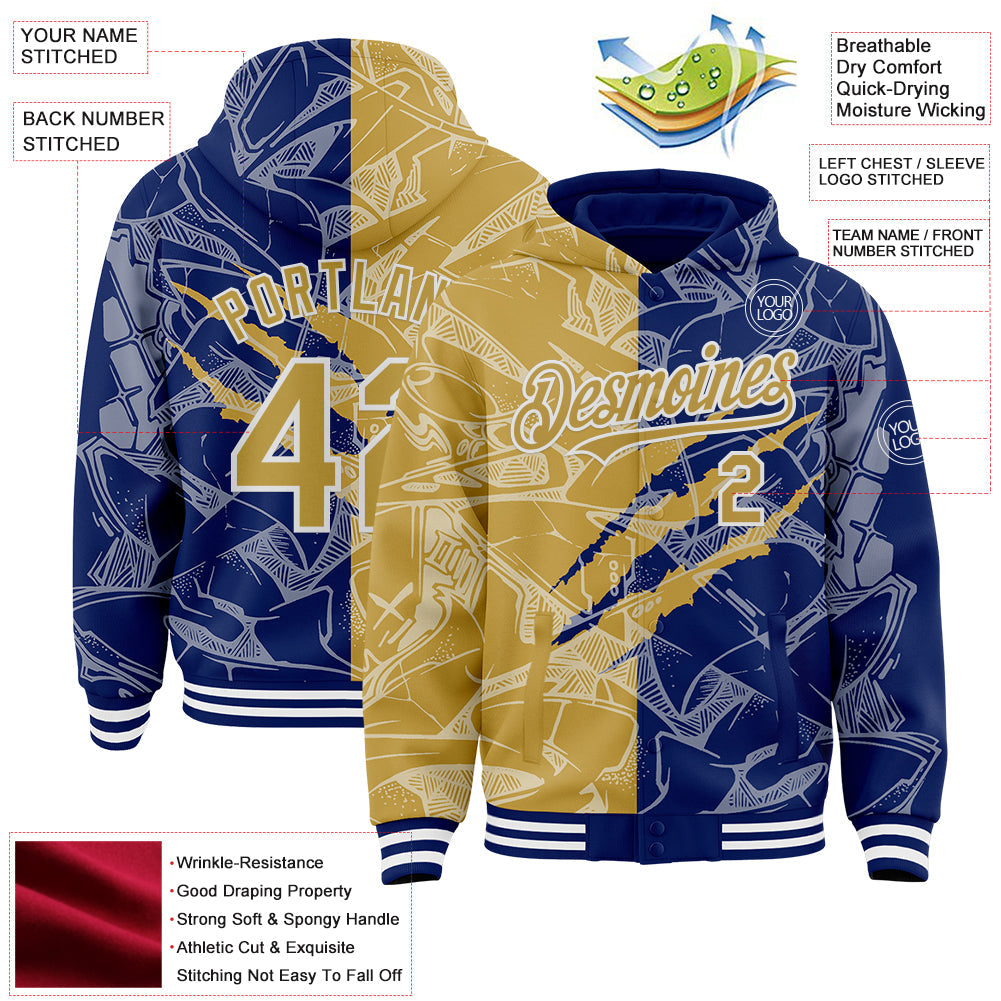 Custom Graffiti Pattern Old Gold Royal-White Scratch Bomber Full-Snap Varsity Letterman Hoodie Jacket view 4