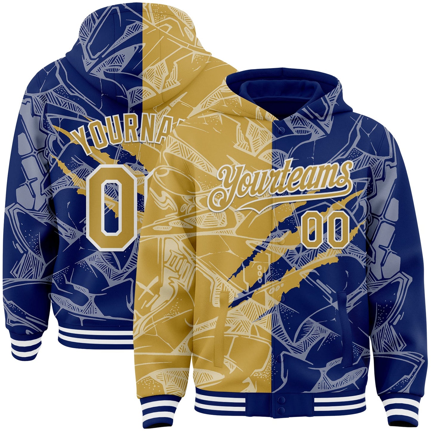 Custom Graffiti Pattern Old Gold Royal-White Scratch Bomber Full-Snap Varsity Letterman Hoodie Jacket - Main View