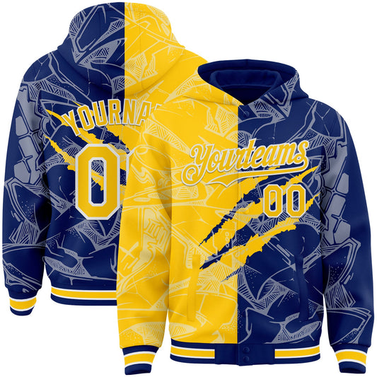 Custom Graffiti Pattern Yellow Royal-White Scratch Bomber Full-Snap Varsity Letterman Hoodie Jacket - Main View
