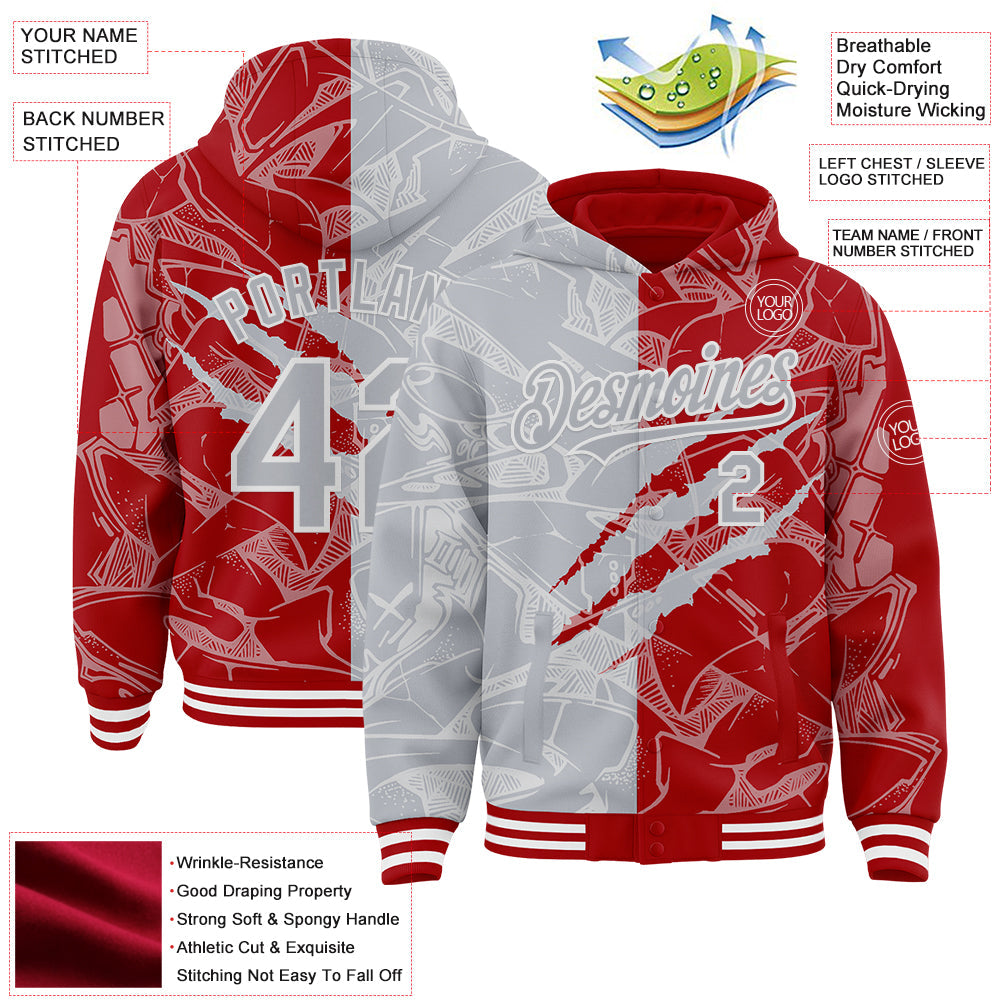 Custom Graffiti Pattern Gray Red-White Scratch Bomber Full-Snap Varsity Letterman Hoodie Jacket view 4