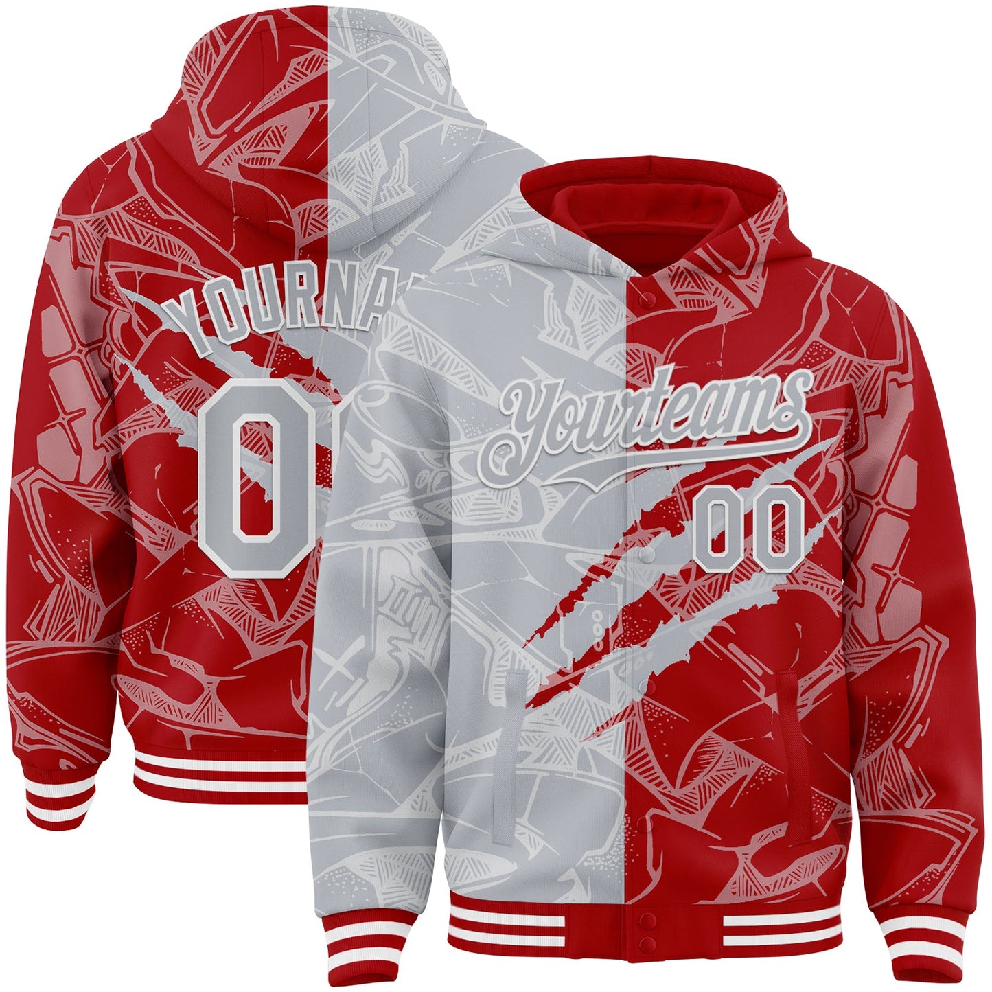 Custom Graffiti Pattern Gray Red-White Scratch Bomber Full-Snap Varsity Letterman Hoodie Jacket - Main View
