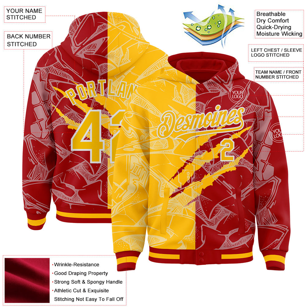 Custom Graffiti Pattern Gold Red-White Scratch Bomber Full-Snap Varsity Letterman Hoodie Jacket view 4