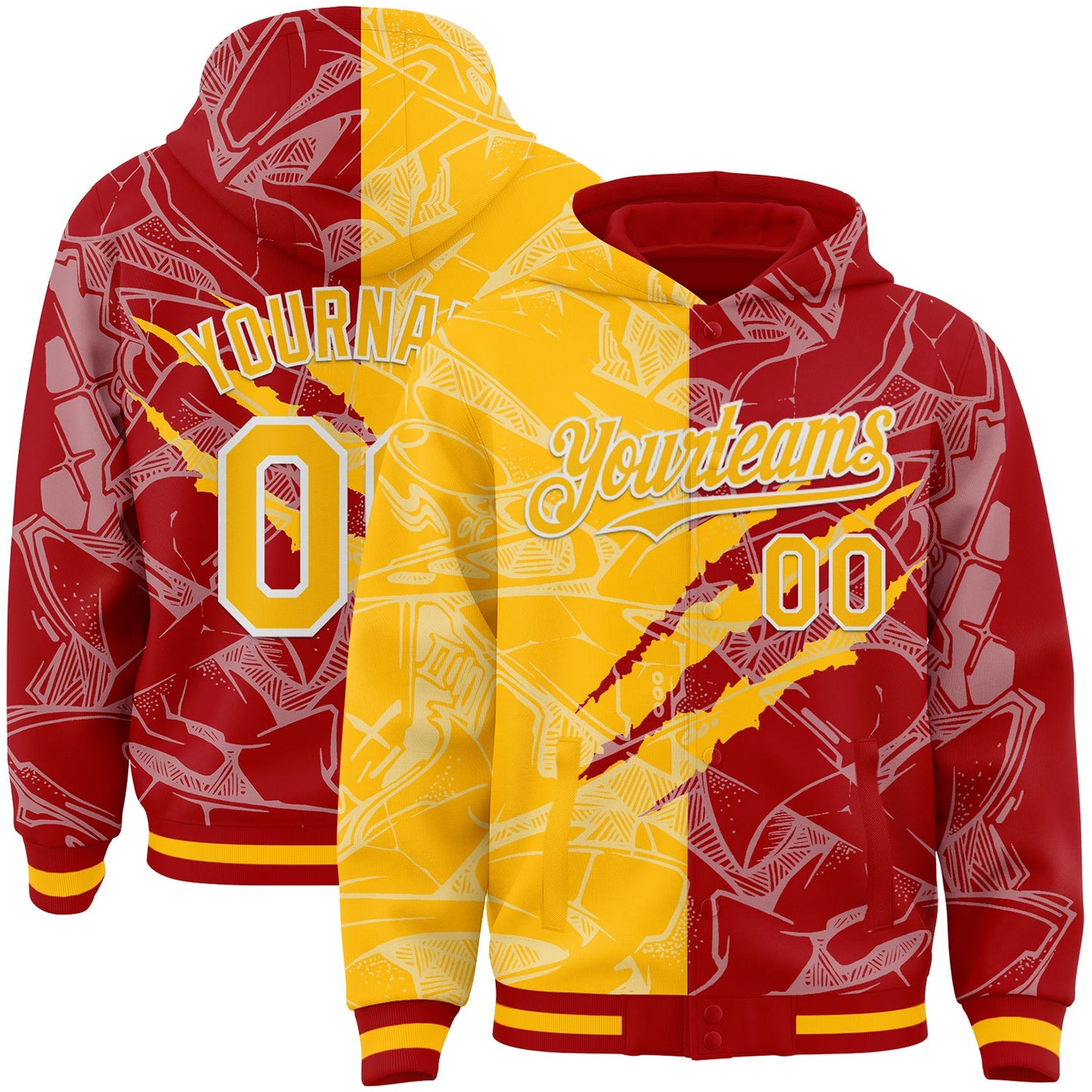 Custom Graffiti Pattern Gold Red-White Scratch Bomber Full-Snap Varsity Letterman Hoodie Jacket - Main View