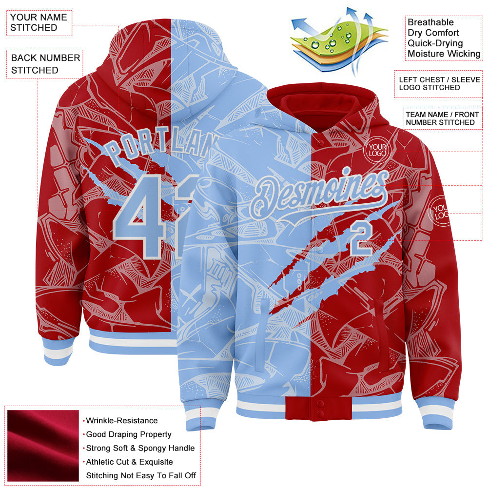 Custom Graffiti Pattern Light Blue Red-White Scratch Bomber Full-Snap Varsity Letterman Hoodie Jacket view 4