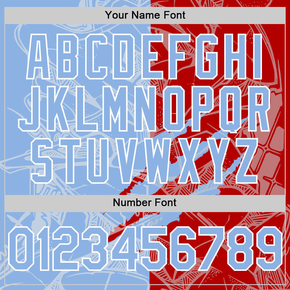 Custom Graffiti Pattern Light Blue Red-White Scratch Bomber Full-Snap Varsity Letterman Hoodie Jacket view 6