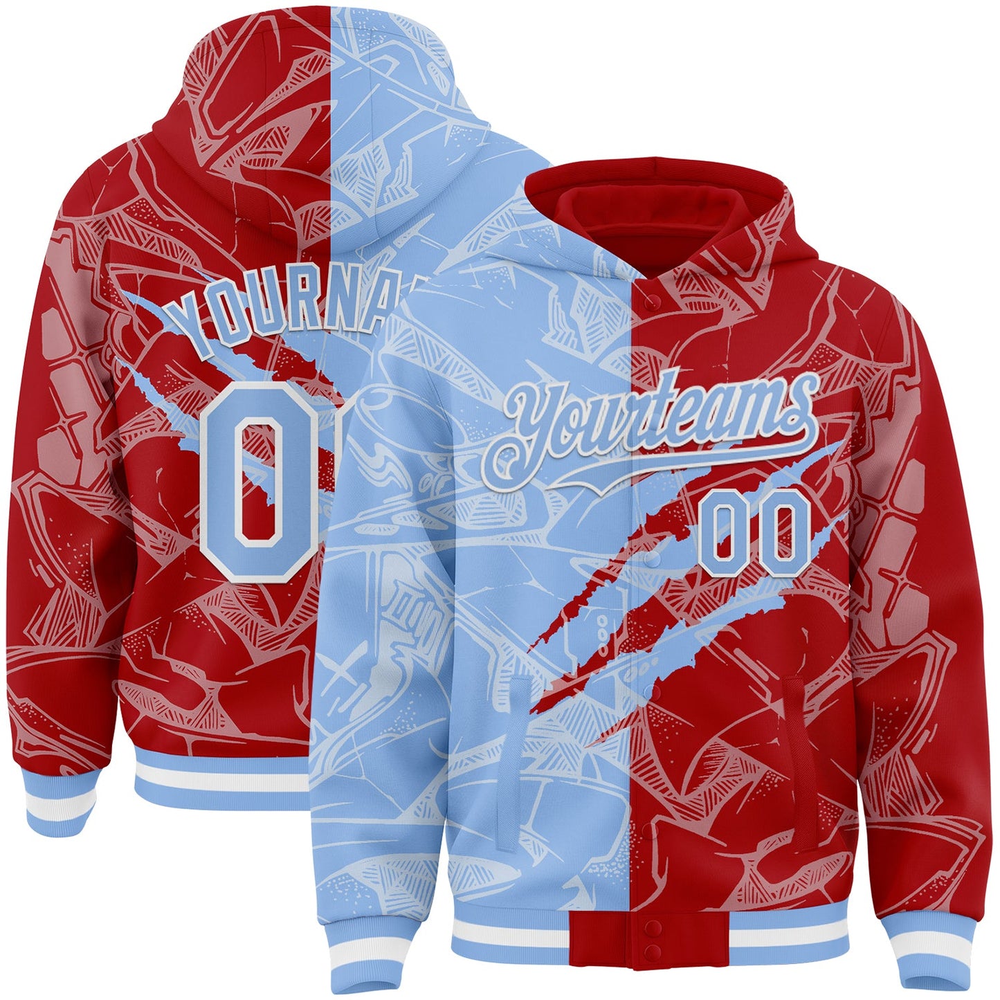 Custom Graffiti Pattern Light Blue Red-White Scratch Bomber Full-Snap Varsity Letterman Hoodie Jacket - Main View
