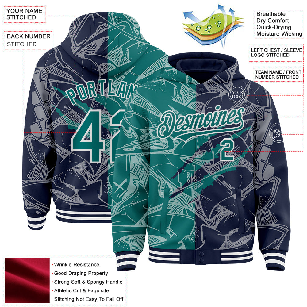 Custom Graffiti Pattern Teal Navy-White Scratch Bomber Full-Snap Varsity Letterman Hoodie Jacket view 4