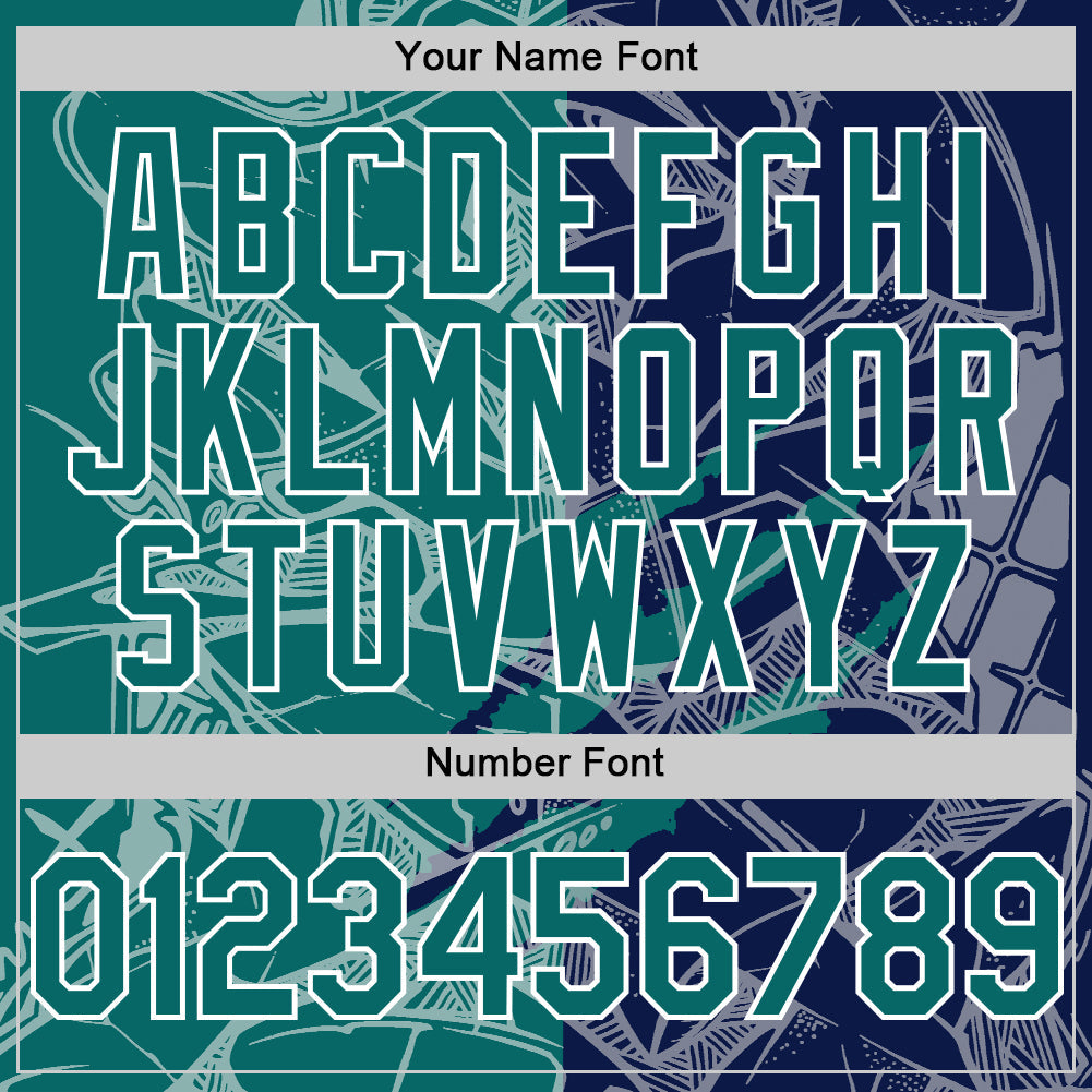 Custom Graffiti Pattern Teal Navy-White Scratch Bomber Full-Snap Varsity Letterman Hoodie Jacket view 6