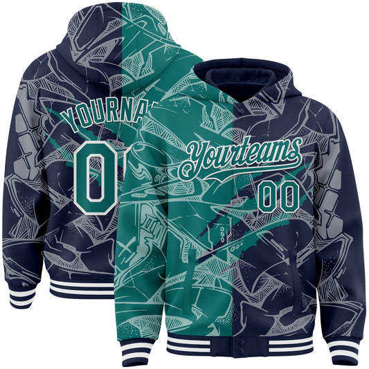 Custom Graffiti Pattern Teal Navy-White Scratch Bomber Full-Snap Varsity Letterman Hoodie Jacket - Main View