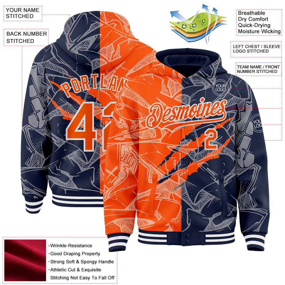 Custom Graffiti Pattern Orange Navy-White Scratch Bomber Full-Snap Varsity Letterman Hoodie Jacket view 4