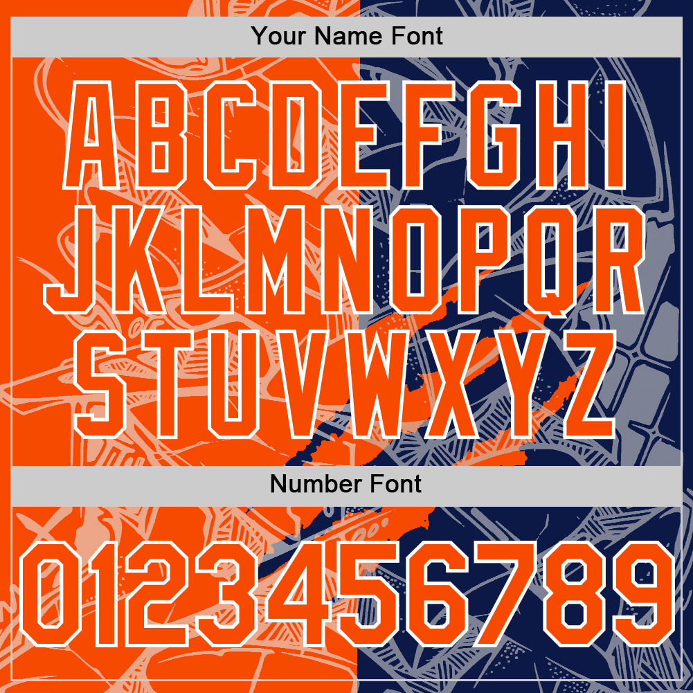 Custom Graffiti Pattern Orange Navy-White Scratch Bomber Full-Snap Varsity Letterman Hoodie Jacket view 6