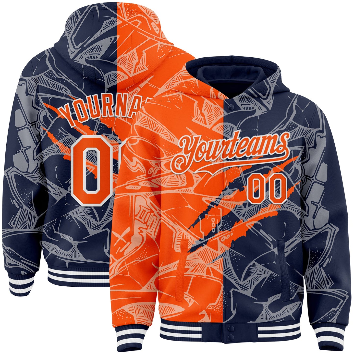 Custom Graffiti Pattern Orange Navy-White Scratch Bomber Full-Snap Varsity Letterman Hoodie Jacket - Main View