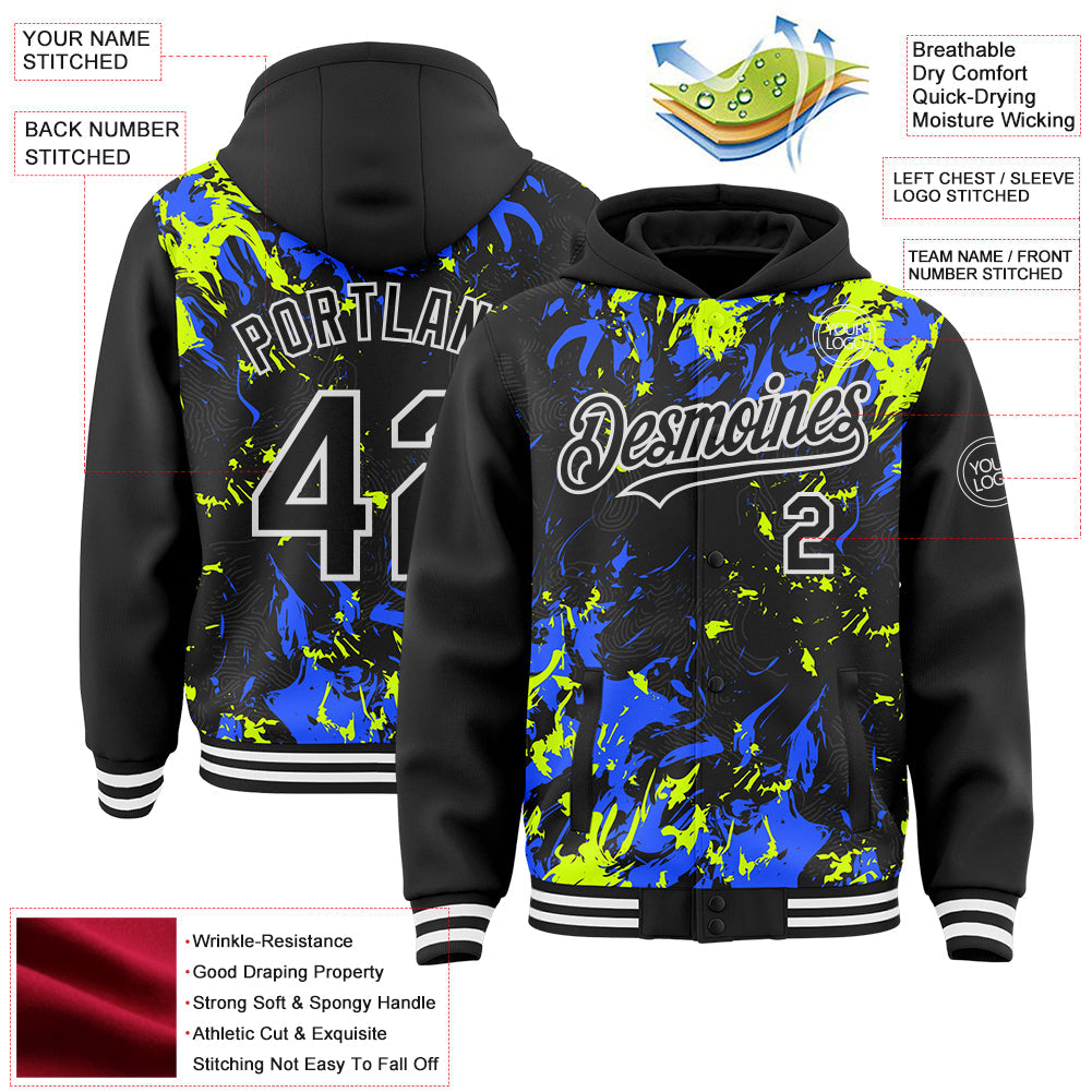 Custom Black Neon Green Royal-White Splash Bomber Full-Snap Varsity Letterman Hoodie Jacket view 4