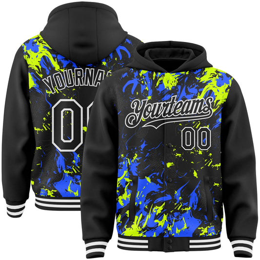 Custom Black Neon Green Royal-White Splash Bomber Full-Snap Varsity Letterman Hoodie Jacket - Main View
