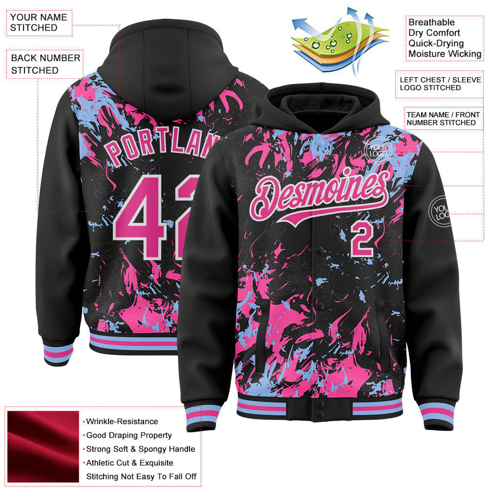 Custom Black Pink Light Blue-White Splash Bomber Full-Snap Varsity Letterman Hoodie Jacket view 4